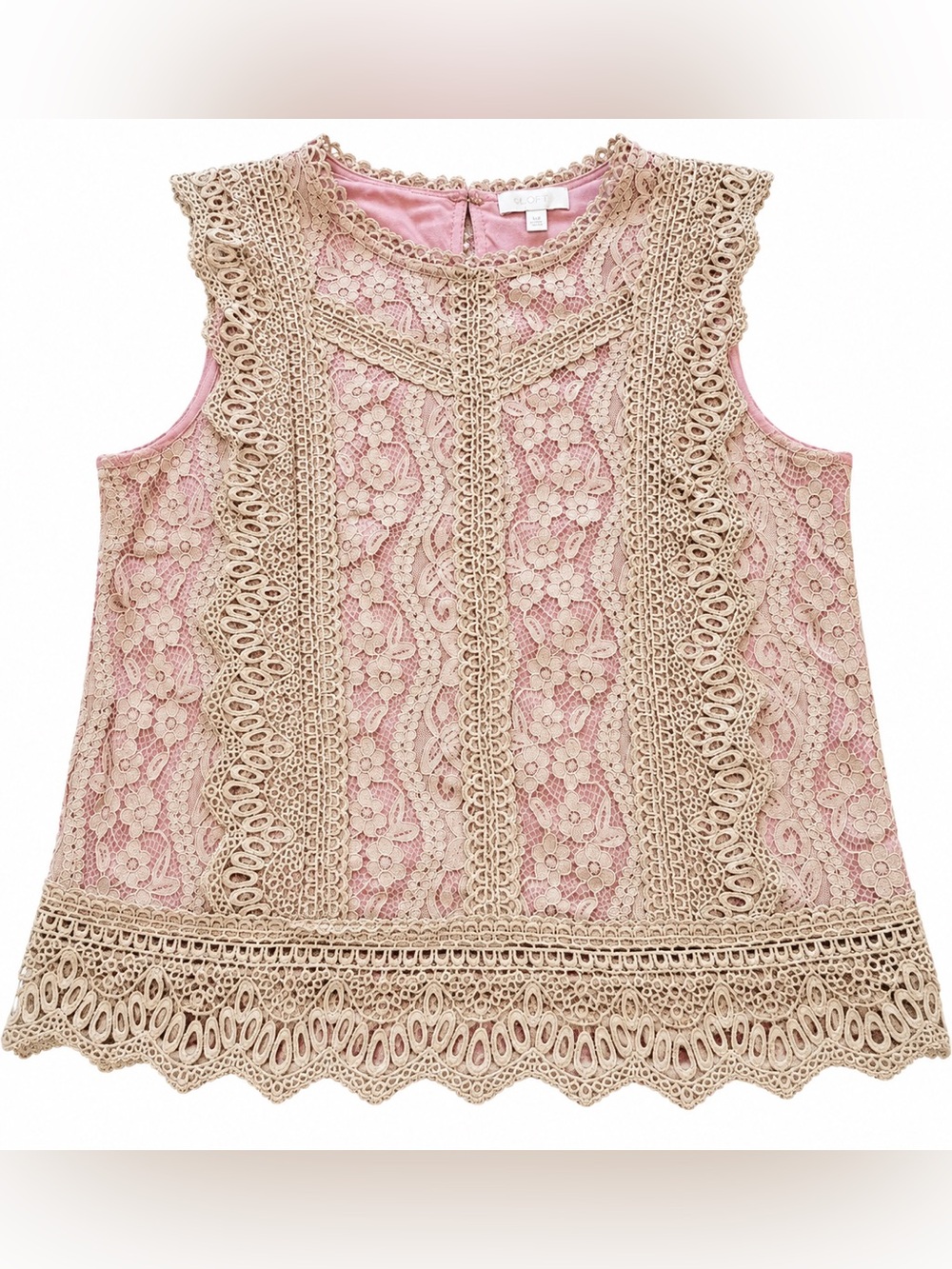 Eri + Ali Anthropologie Small Lace Crochet Blouse Pink Beige Sleeveless Boho